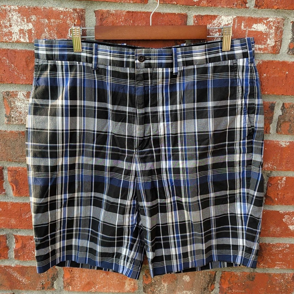 Polo Golf Ralph Lauren Shorts Mens 36 Black Blue Plaid Cotton Flat Front